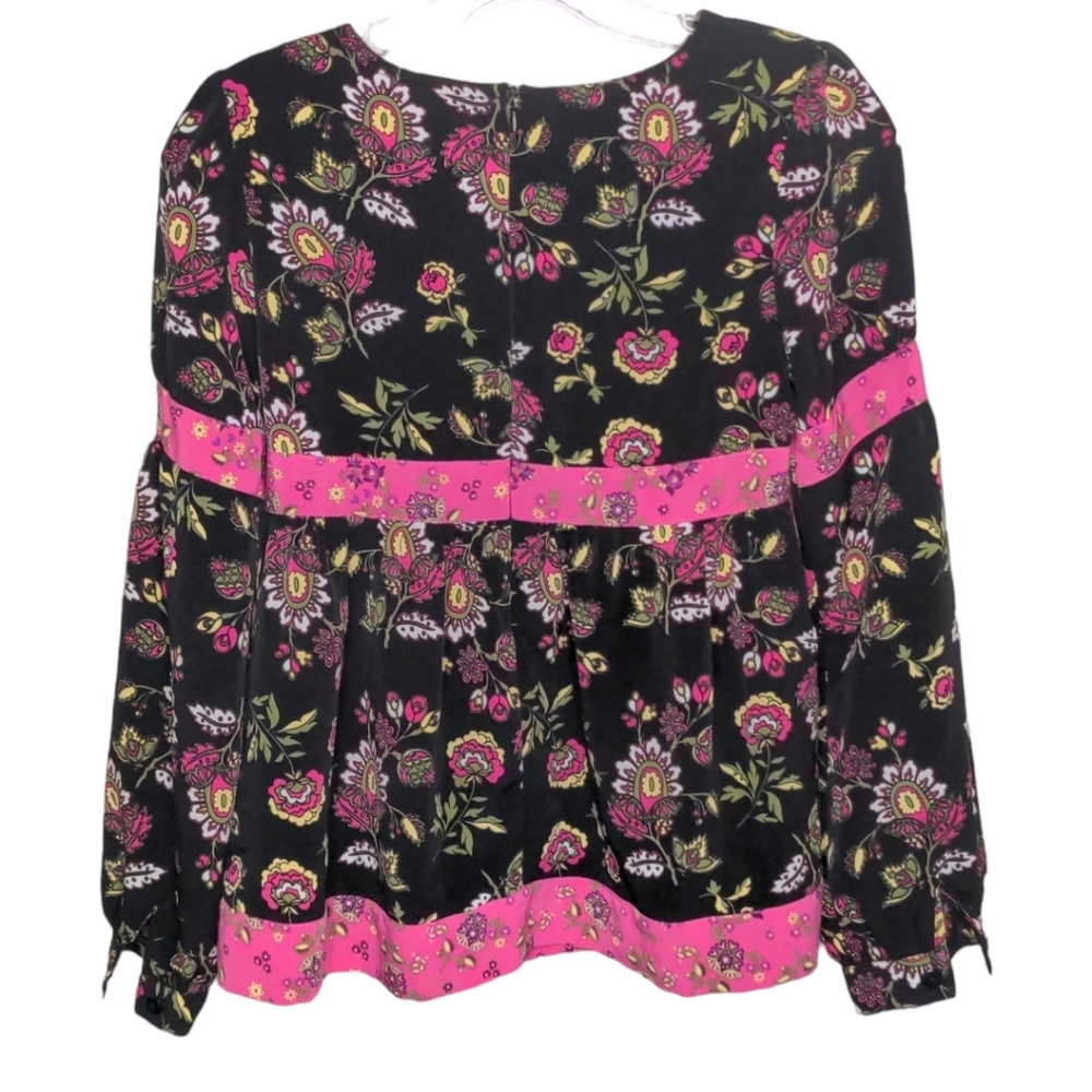 ESPRIT Vintage 1990s Girls Large Black Pink Floral Boho Lace Up Top 12 14